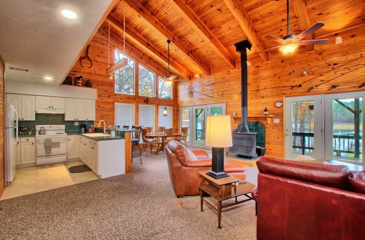 Cozy cabin living room with warm lighting